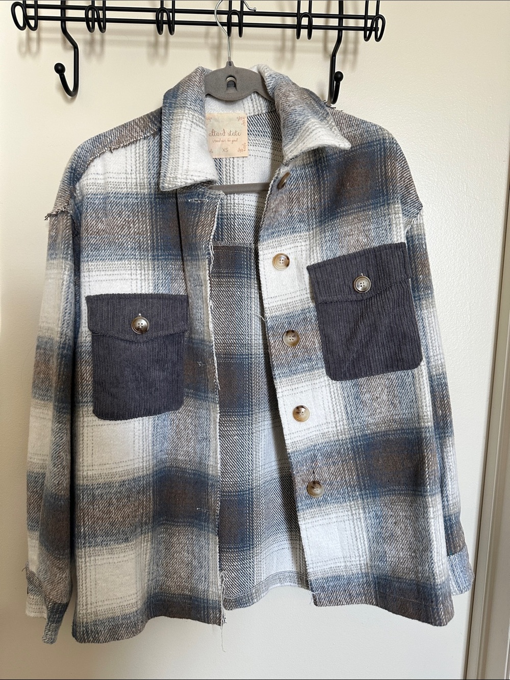 Altar'd State Blue, Gray & Cream Plaid Shacket with Dark Pocket Panels